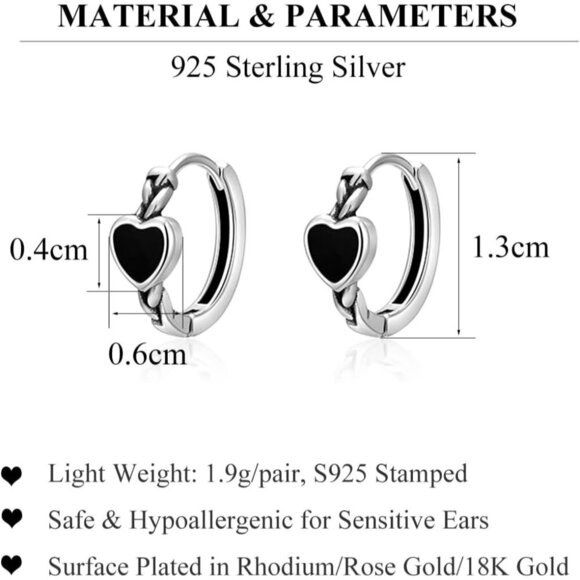 Women's Silver Black Heart Hoop Earrings for Women's Teens Heart Earrings Hoop - Picture 6 of 7